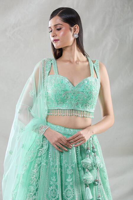 Buy Samyukta Singhania Green Net Beads, Sequins, Cut Work Sweetheart Stripe Embroidered Lehenga Set Online at Aza Fashions Buy_Samyukta Singhania_Green Net Beads, Sequins, Cut Work Sweetheart Stripe Embroidered Lehenga Set_Online_at_Aza_Fashions