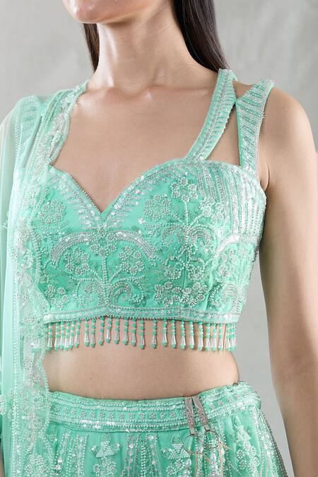 Shop Samyukta Singhania Green Net Beads, Sequins, Cut Work Sweetheart Stripe Embroidered Lehenga Set Online at Aza Fashions Shop_Samyukta Singhania_Green Net Beads, Sequins, Cut Work Sweetheart Stripe Embroidered Lehenga Set_Online_at_Aza_Fashions