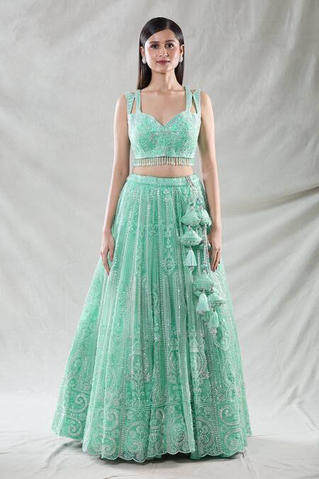 Samyukta Singhania Green Net Beads, Sequins, Cut Work Sweetheart Stripe Embroidered Lehenga Set at Aza Fashions Samyukta Singhania_Green Net Beads, Sequins, Cut Work Sweetheart Stripe Embroidered Lehenga Set_at_Aza_Fashions