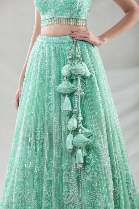 Buy Samyukta Singhania Green Net Beads, Sequins, Cut Work Sweetheart Stripe Embroidered Lehenga Set Buy_Samyukta Singhania_Green Net Beads, Sequins, Cut Work Sweetheart Stripe Embroidered Lehenga Set