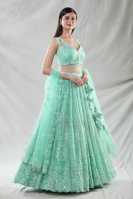 Shop Samyukta Singhania Green Net Beads, Sequins, Cut Work Sweetheart Stripe Embroidered Lehenga Set Shop_Samyukta Singhania_Green Net Beads, Sequins, Cut Work Sweetheart Stripe Embroidered Lehenga Set