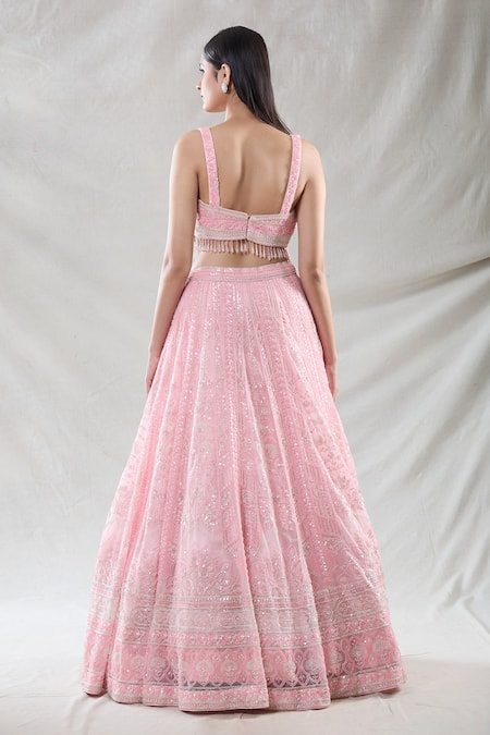 Shop_Samyukta Singhania_Pink Net Beads, Sequins, Cut Work, Zari Square Neck Lehenga Blouse Set_at_Aza_Fashions