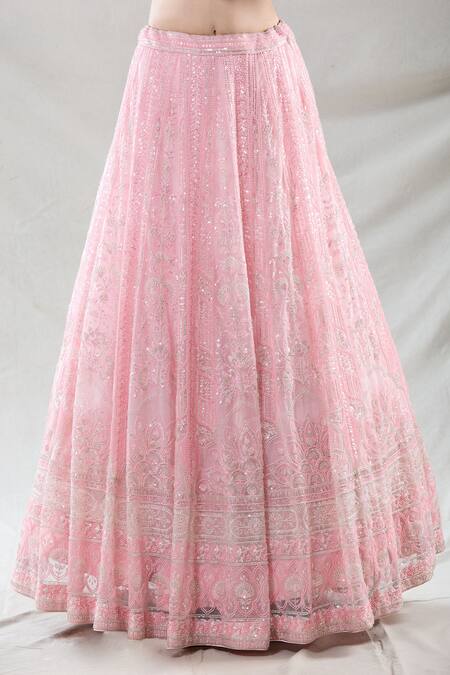 Samyukta Singhania_Pink Net Beads, Sequins, Cut Work, Zari Square Neck Lehenga Blouse Set_Online_at_Aza_Fashions