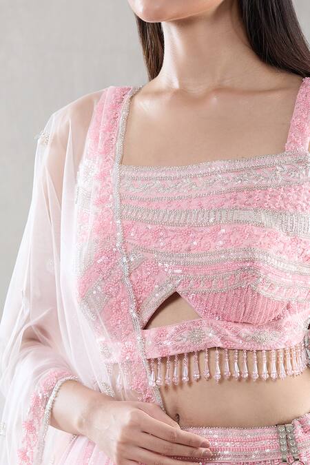 Buy_Samyukta Singhania_Pink Net Beads, Sequins, Cut Work, Zari Square Neck Lehenga Blouse Set_Online_at_Aza_Fashions