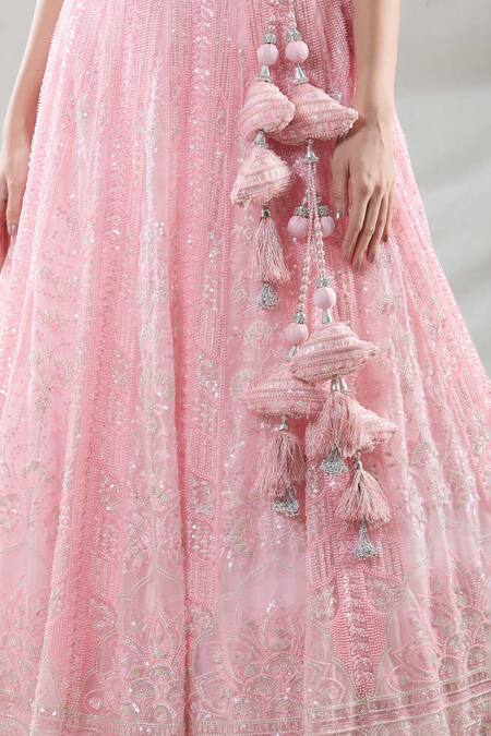 Shop_Samyukta Singhania_Pink Net Beads, Sequins, Cut Work, Zari Square Neck Lehenga Blouse Set_Online_at_Aza_Fashions