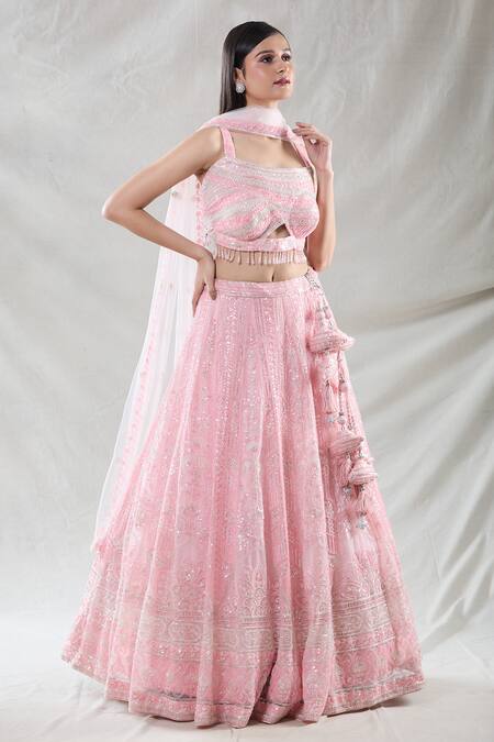 Samyukta Singhania_Pink Net Beads, Sequins, Cut Work, Zari Square Neck Lehenga Blouse Set_at_Aza_Fashions