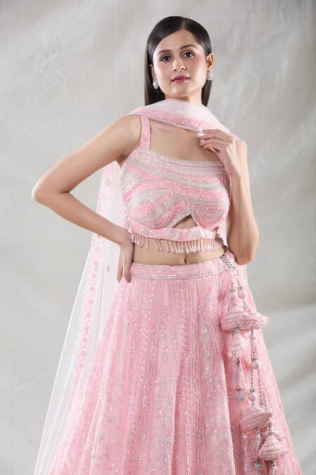 Buy_Samyukta Singhania_Pink Net Beads, Sequins, Cut Work, Zari Square Neck Lehenga Blouse Set