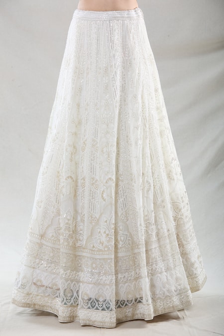 Samyukta Singhania_White Net Beads, Sequins, Crystals, Embroidery Square Floral Stripe Lehenga Set_Online_at_Aza_Fashions