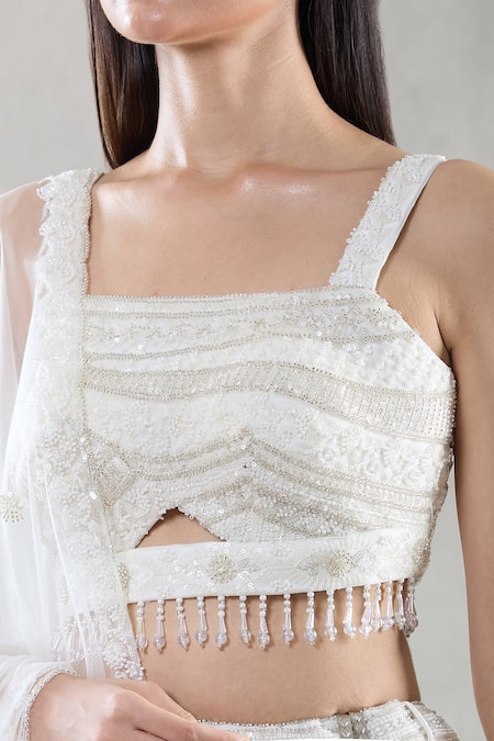 Buy_Samyukta Singhania_White Net Beads, Sequins, Crystals, Embroidery Square Floral Stripe Lehenga Set_Online_at_Aza_Fashions