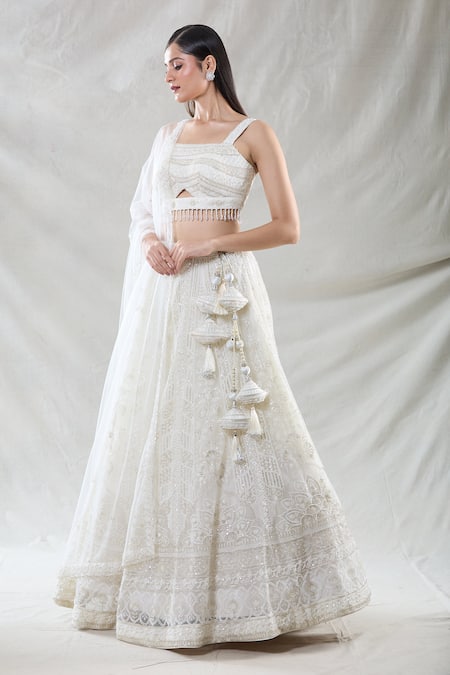 Shop_Samyukta Singhania_White Net Beads, Sequins, Crystals, Embroidery Square Floral Stripe Lehenga Set_Online_at_Aza_Fashions
