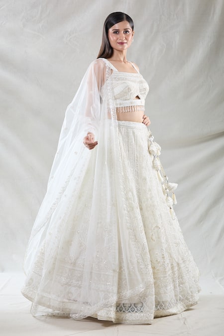 Samyukta Singhania_White Net Beads, Sequins, Crystals, Embroidery Square Floral Stripe Lehenga Set_at_Aza_Fashions