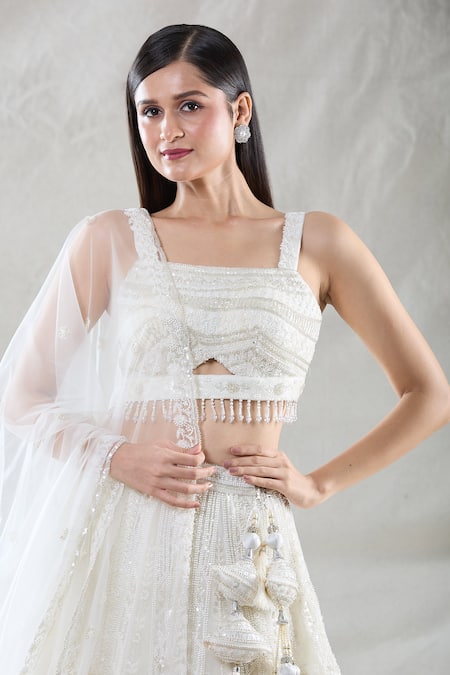 Buy_Samyukta Singhania_White Net Beads, Sequins, Crystals, Embroidery Square Floral Stripe Lehenga Set