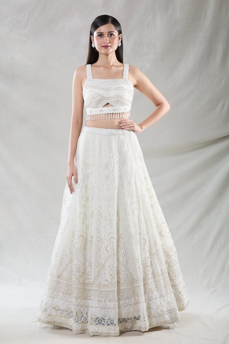 Shop_Samyukta Singhania_White Net Beads, Sequins, Crystals, Embroidery Square Floral Stripe Lehenga Set