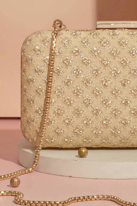 Amyra_Gold Sequins Inaya Embroidered Box Clutch With Detachable Sling_Online_at_Aza_Fashions