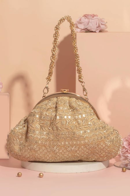 Shop Amyra Gold Sequins Mirai Embroidered Clutch With Detachable Sling at Aza Fashions Shop_Amyra_Gold Sequins Mirai Embroidered Clutch With Detachable Sling _at_Aza_Fashions