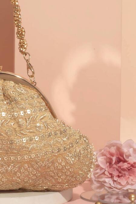 Shop Amyra Gold Sequins Mirai Embroidered Clutch With Detachable Sling Online at Aza Fashions Shop_Amyra_Gold Sequins Mirai Embroidered Clutch With Detachable Sling _Online_at_Aza_Fashions