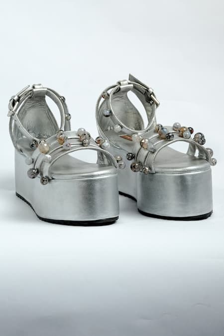 ANIKET GUPTA Silver Pearls Multi Strap Platform Heels 