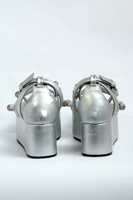 Buy_Aniket Gupta_Silver Pearls Multi Strap Platform Heels_Online_at_Aza_Fashions