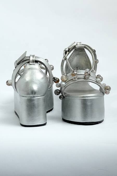 Shop_Aniket Gupta_Silver Pearls Multi Strap Platform Heels_Online_at_Aza_Fashions