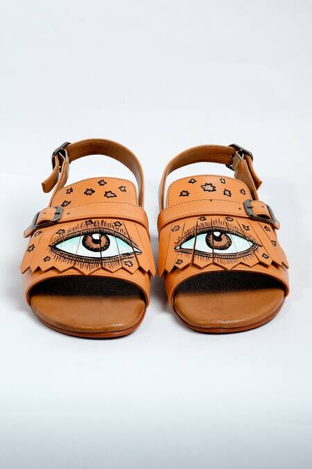 Buy_Aniket Gupta_Brown Fringed Eye Pattern Sliders_Online_at_Aza_Fashions