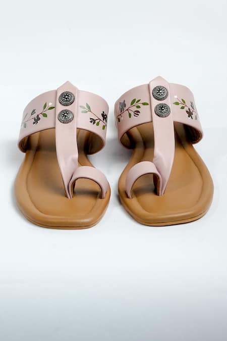 Shop_Aniket Gupta_Pink Floral Bloom T-strap Flats_at_Aza_Fashions