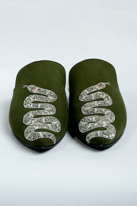 Shop_Aniket Gupta_Green Zardozi Serpenti Embroidered Mules _at_Aza_Fashions