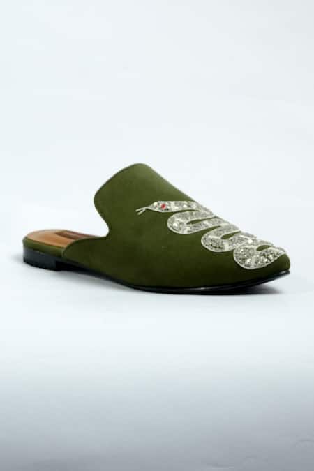 Aniket Gupta_Green Zardozi Serpenti Embroidered Mules _Online_at_Aza_Fashions