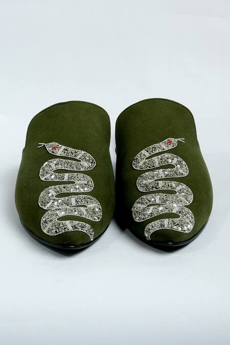 Buy_Aniket Gupta_Green Zardozi Serpenti Embroidered Mules _Online_at_Aza_Fashions