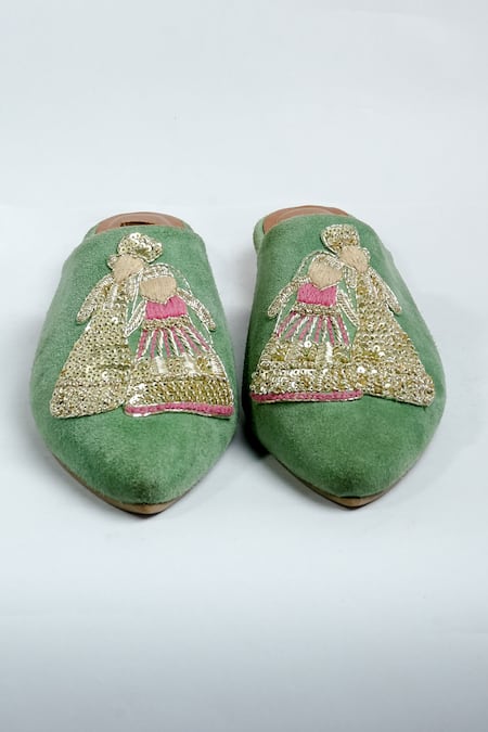 Shop_Aniket Gupta_Green Zardozi Rajarani Embroidered Mules _at_Aza_Fashions
