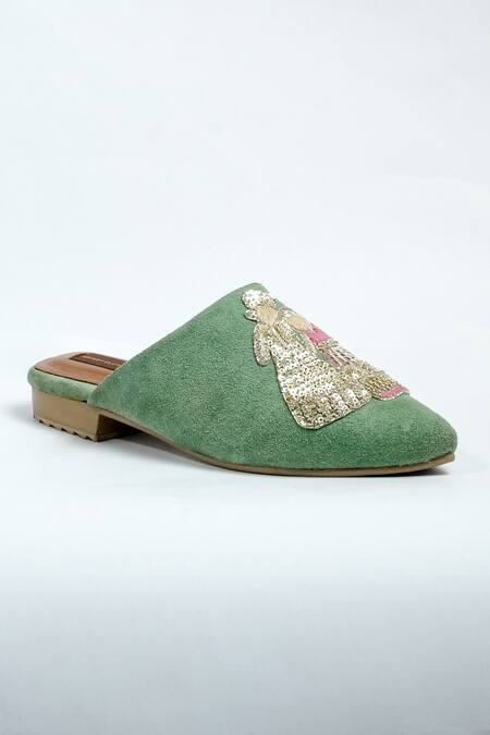Aniket Gupta_Green Zardozi Rajarani Embroidered Mules _Online_at_Aza_Fashions