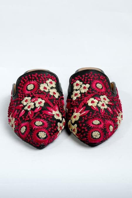 Shop_Aniket Gupta_Black Floral Embroidered Mules_at_Aza_Fashions