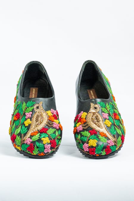 Shop_Aniket Gupta_Black Floral Sonchiriya Embroidered Mules _at_Aza_Fashions
