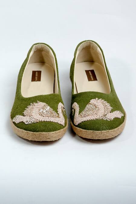Shop_Aniket Gupta_Green Zardozi Swan Embroidered Mules _at_Aza_Fashions