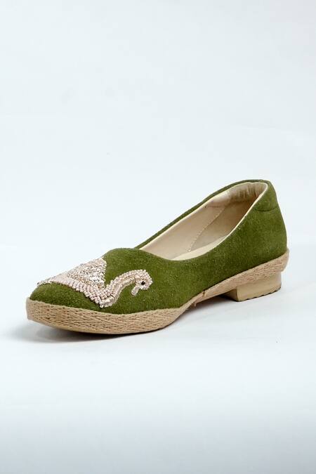 Aniket Gupta_Green Zardozi Swan Embroidered Mules _Online_at_Aza_Fashions