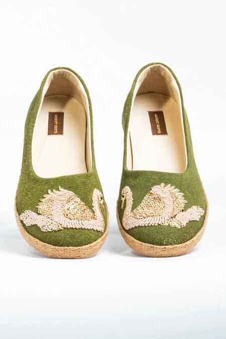 Buy_Aniket Gupta_Green Zardozi Swan Embroidered Mules _Online_at_Aza_Fashions