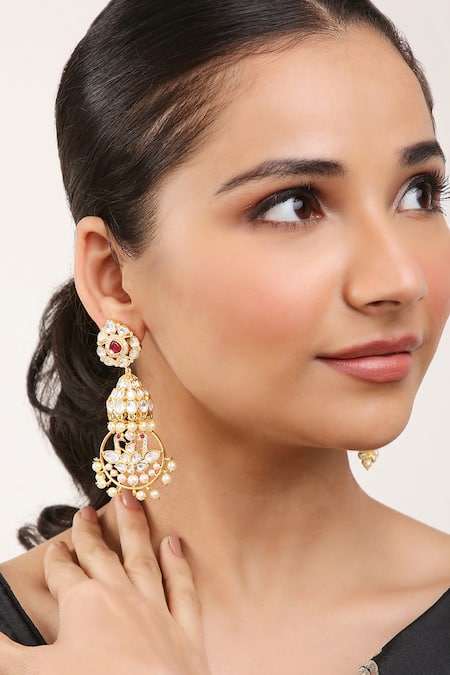 Khushi Jewels Red Kundan Polki Pearl Drops Embellished Chanbali Earrings 