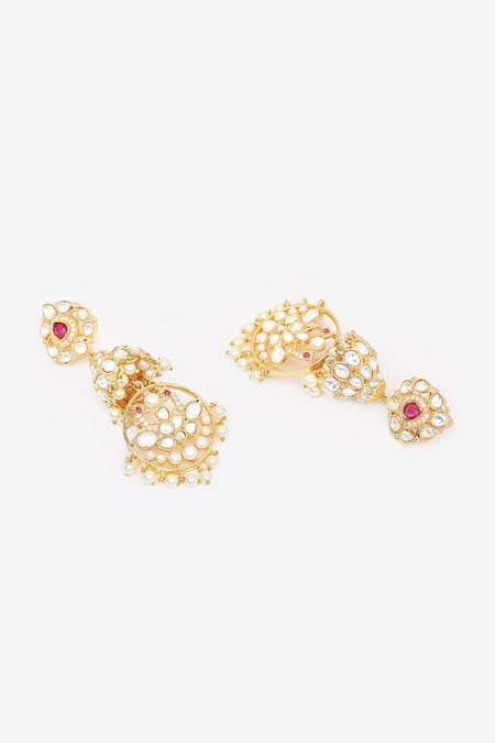 Khushi Jewels_Red Pearls, Stones, Zari Drops Embellished Chanbali Earrings _Online_at_Aza_Fashions