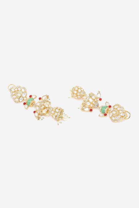 Khushi Jewels Green Metallic Thread, Stones Kundan Polki Embellished Long Earrings Online at Aza Fashions Khushi Jewels_Green Metallic Thread, Stones Kundan Polki Embellished Long Earrings _Online_at_Aza_Fashions