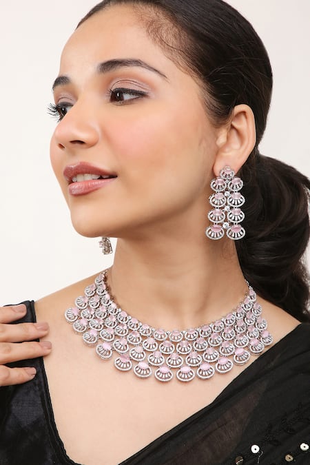 Khushi Jewels Pink Diamond Stones Embellished Choker Necklace Set 