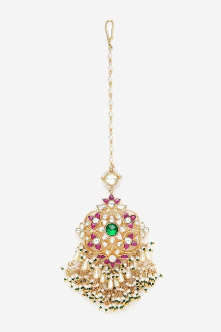 Shop_Khushi Jewels_Green Stones, Diamonds Drop Embellished Choker Necklace Set _Online_at_Aza_Fashions