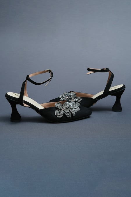 Shop Sana K luxurious Footwear Black Applique Bow Glimmering Bloom Heels at Aza Fashions Shop_Sana K luxurious Footwear_Black Applique Bow Glimmering Bloom Heels _at_Aza_Fashions