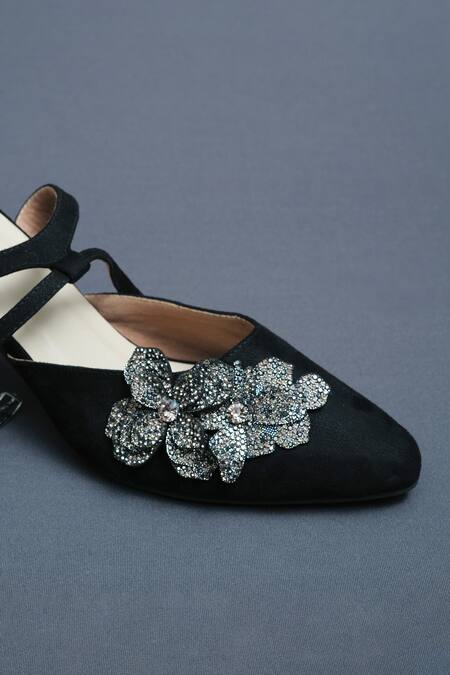 Shop Sana K luxurious Footwear Black Applique Bow Glimmering Bloom Heels Online at Aza Fashions Shop_Sana K luxurious Footwear_Black Applique Bow Glimmering Bloom Heels _Online_at_Aza_Fashions