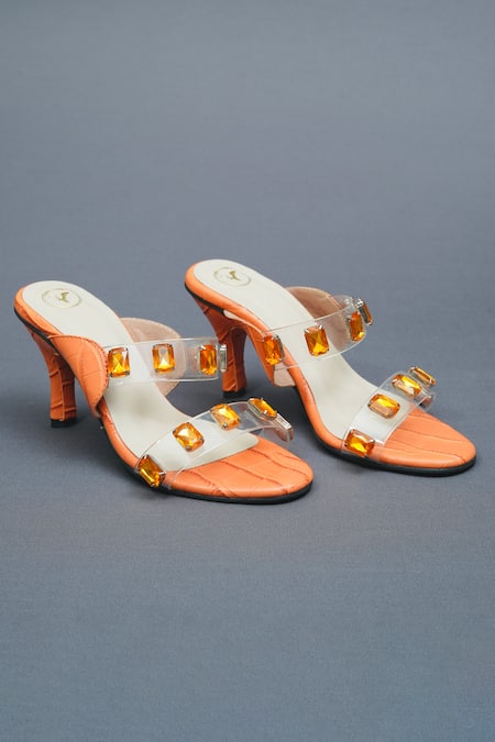 Sana K luxurious Footwear Orange Stones Embellished Open Toe Carats Heels 