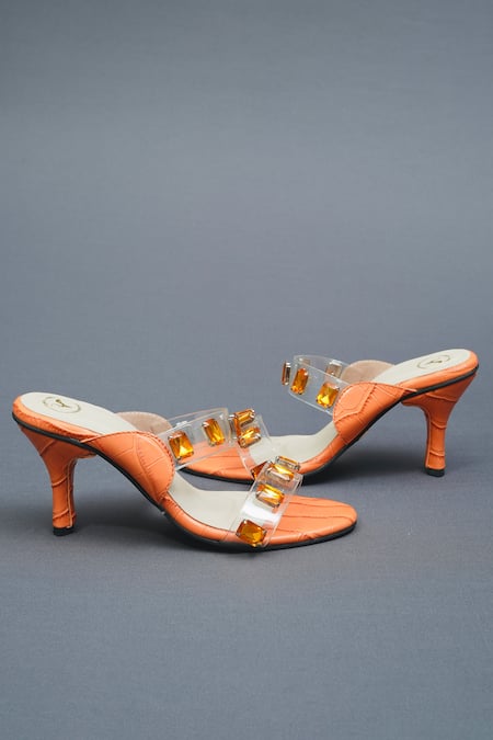 Shop Sana K luxurious Footwear Orange Stones Embellished Open Toe Carats Heels at Aza Fashions Shop_Sana K luxurious Footwear_Orange Stones Embellished Open Toe Carats Heels _at_Aza_Fashions