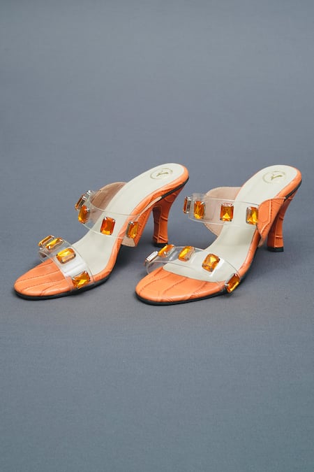 Sana K luxurious Footwear Orange Stones Embellished Open Toe Carats Heels Online at Aza Fashions Sana K luxurious Footwear_Orange Stones Embellished Open Toe Carats Heels _Online_at_Aza_Fashions