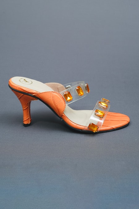 Buy Sana K luxurious Footwear Orange Stones Embellished Open Toe Carats Heels Online at Aza Fashions Buy_Sana K luxurious Footwear_Orange Stones Embellished Open Toe Carats Heels _Online_at_Aza_Fashions