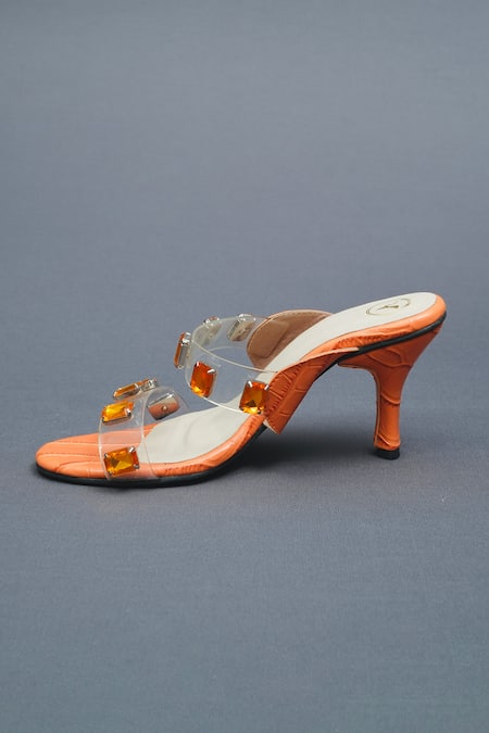 Shop Sana K luxurious Footwear Orange Stones Embellished Open Toe Carats Heels Online at Aza Fashions Shop_Sana K luxurious Footwear_Orange Stones Embellished Open Toe Carats Heels _Online_at_Aza_Fashions