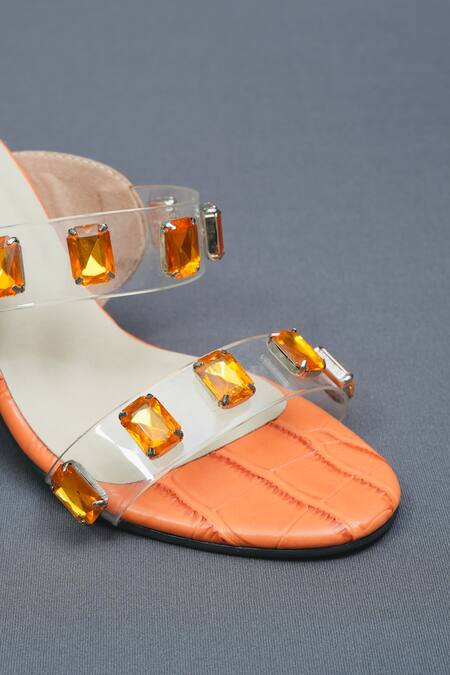 Sana K luxurious Footwear Orange Stones Embellished Open Toe Carats Heels at Aza Fashions Sana K luxurious Footwear_Orange Stones Embellished Open Toe Carats Heels _at_Aza_Fashions