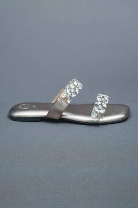 Sana K luxurious Footwear_Silver Bloom Stone Embellished Open Toe Carats Flats _Online_at_Aza_Fashions