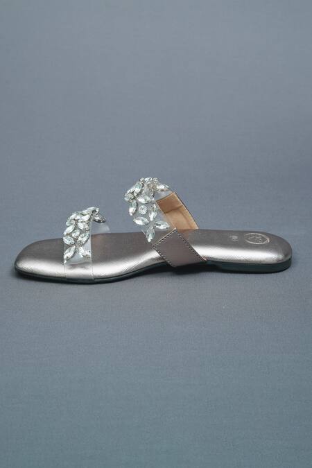 Buy_Sana K luxurious Footwear_Silver Bloom Stone Embellished Open Toe Carats Flats _Online_at_Aza_Fashions